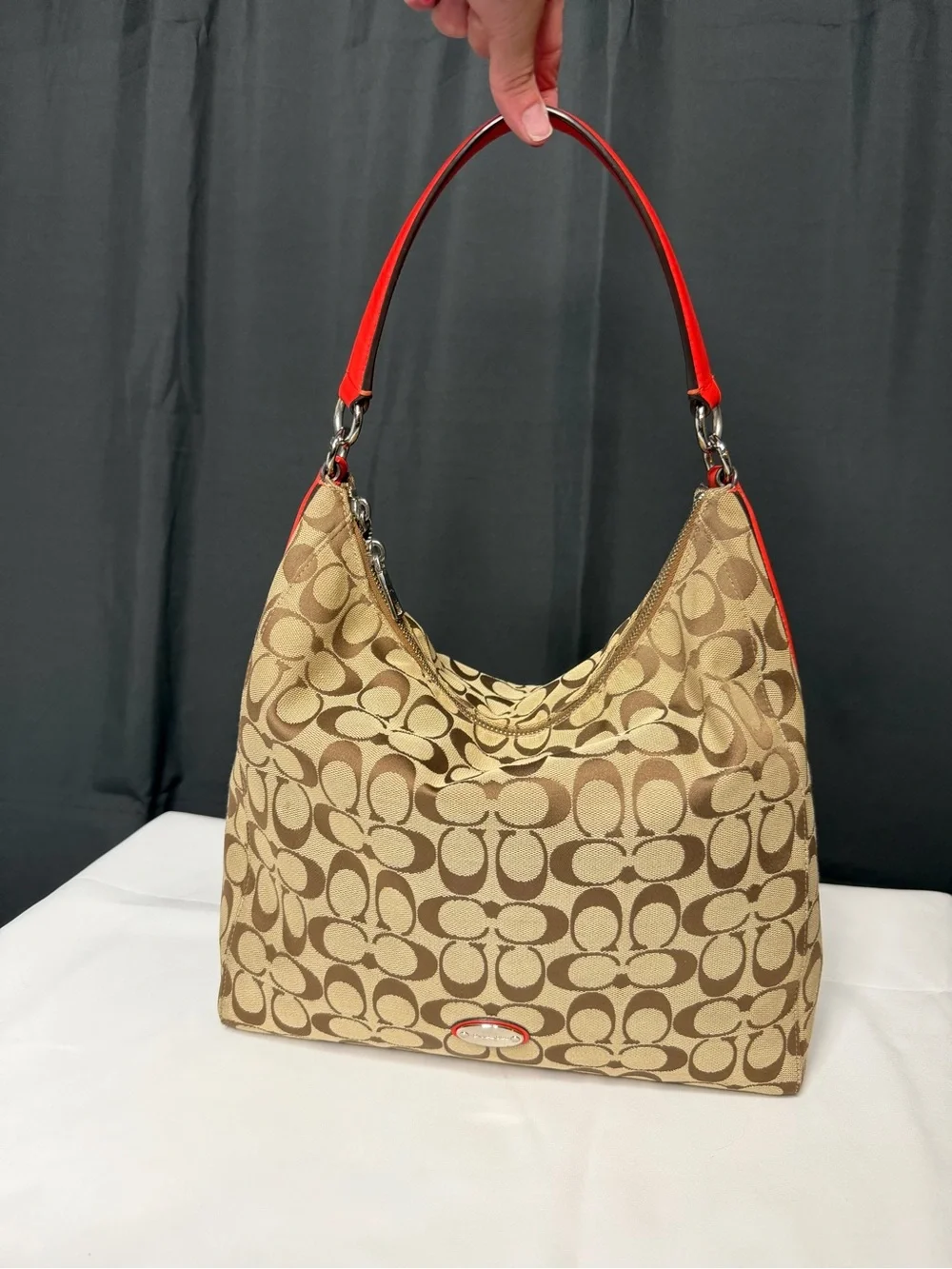 Coach Tan Signature Jacquard Hobo with Red Strap